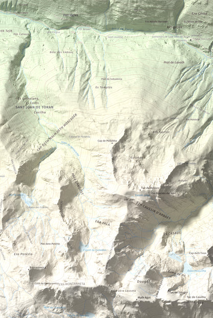 Mapa de relieve de Montlude, 2518 m, Val d'Aran, lámina 100 Cims de Trobart. Detalle de la zona superior derecha. 61 × 91 cm.