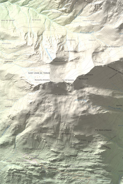 Mapa de relieve de Montlude, 2518 m, Val d'Aran, lámina 100 Cims de Trobart. Detalle de la zona inferior izquierda. 61 × 91 cm.