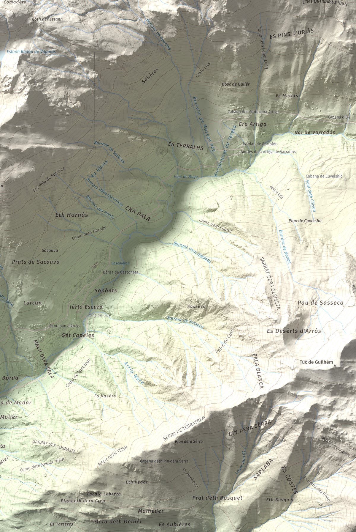Mapa de relieve de Montlude, 2518 m, Val d'Aran, lámina 100 Cims de Trobart. Detalle de la zona inferior derecha. 61 × 91 cm.