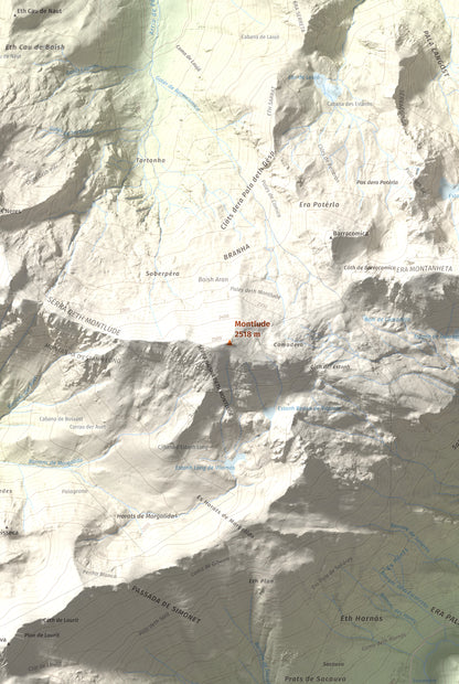 Mapa de relieve de Montlude, 2518 m, Val d'Aran, lámina 100 Cims de Trobart. Detalle de la zona central. 61 × 91 cm.
