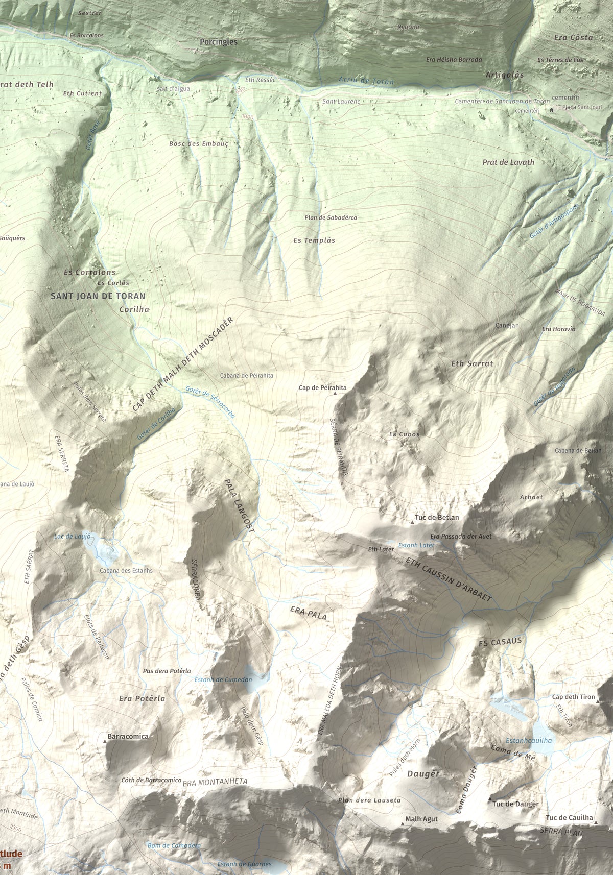 Mapa de relieve de Montlude, 2518 m, Val d'Aran, lámina 100 Cims de Trobart. Detalle de la zona superior derecha. 70 × 100 cm.