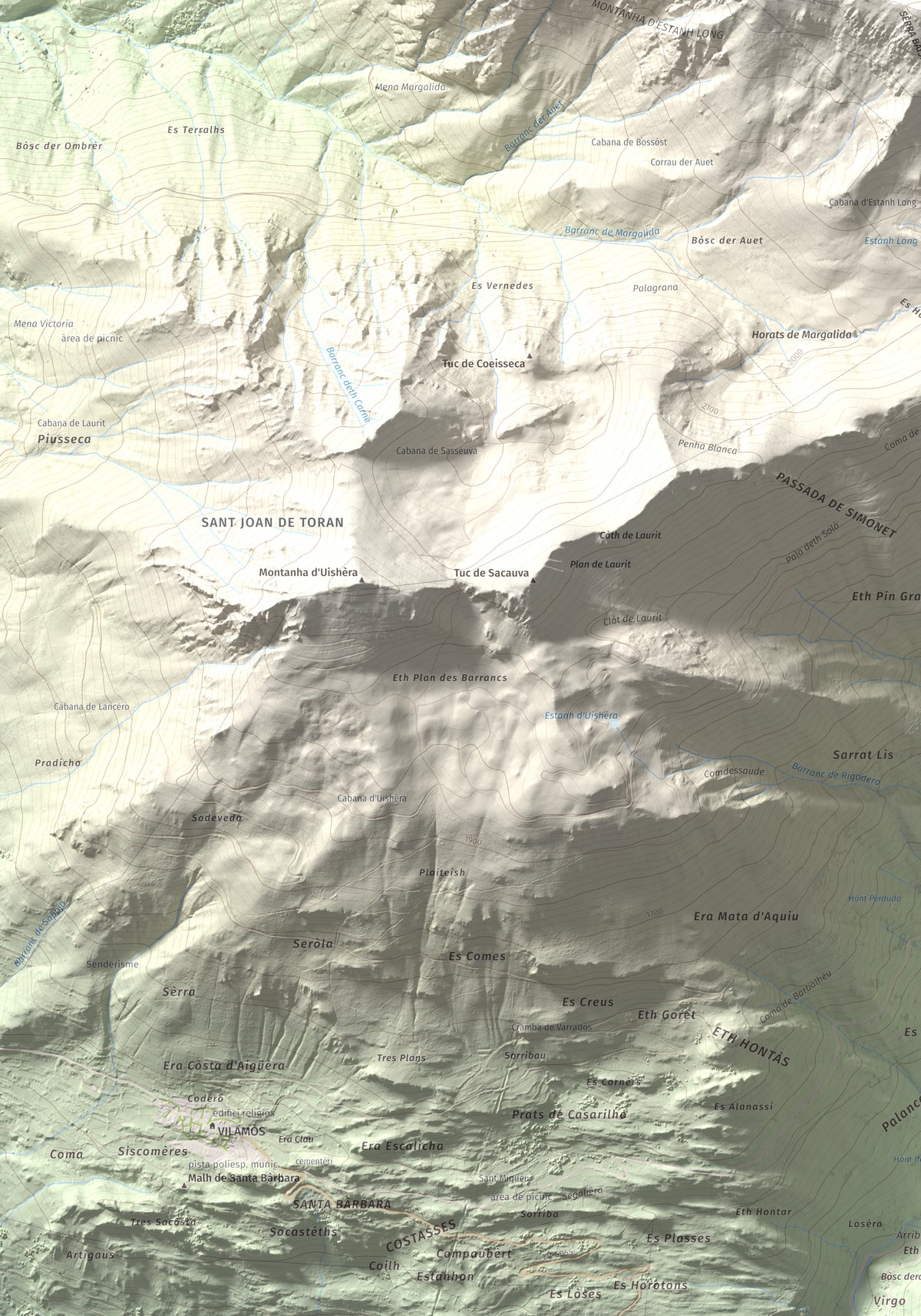 Mapa de relieve de Montlude, 2518 m, Val d'Aran, lámina 100 Cims de Trobart. Detalle de la zona inferior izquierda. 70 × 100 cm.