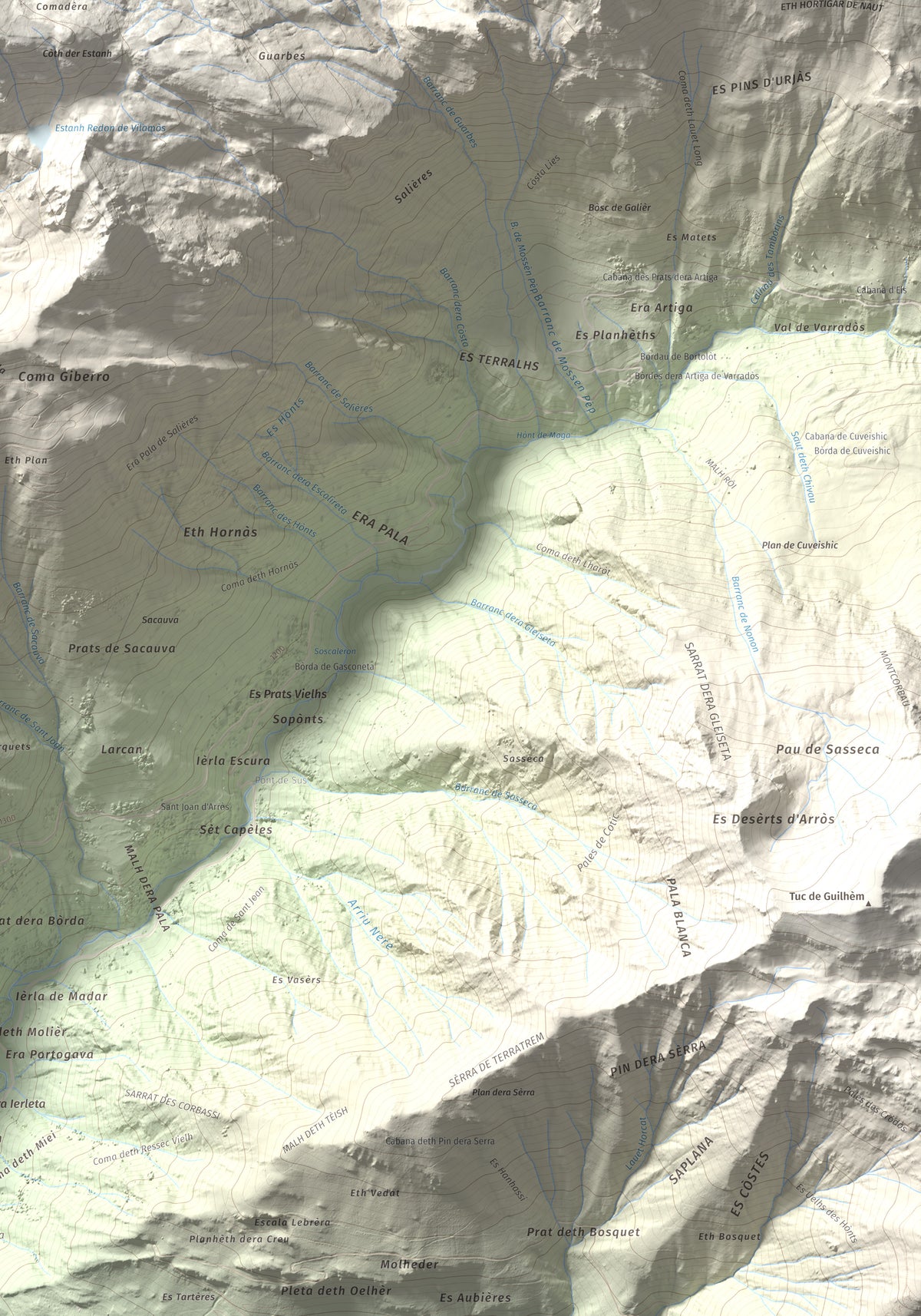 Mapa de relieve de Montlude, 2518 m, Val d'Aran, lámina 100 Cims de Trobart. Detalle de la zona inferior derecha. 70 × 100 cm.