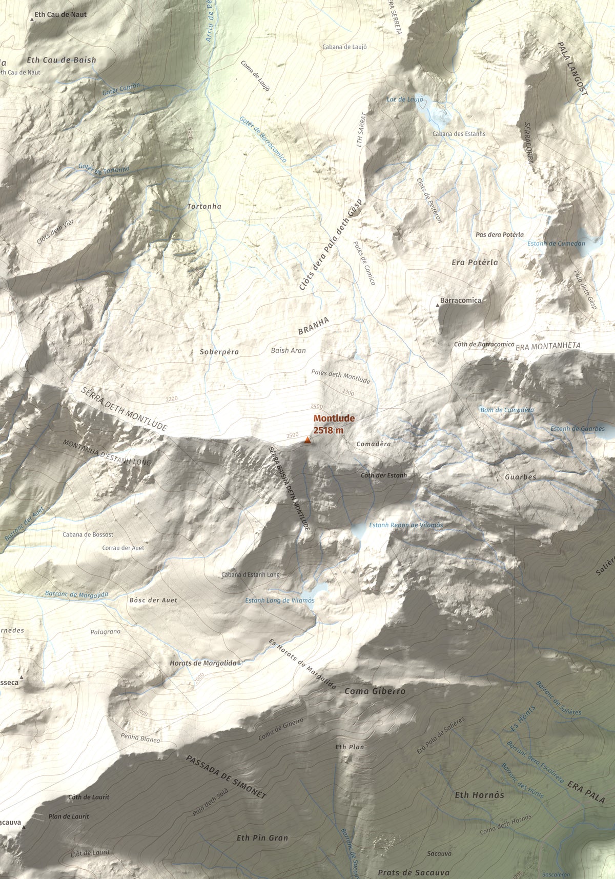 Mapa de relieve de Montlude, 2518 m, Val d'Aran, lámina 100 Cims de Trobart. Detalle de la zona central. 70 × 100 cm.