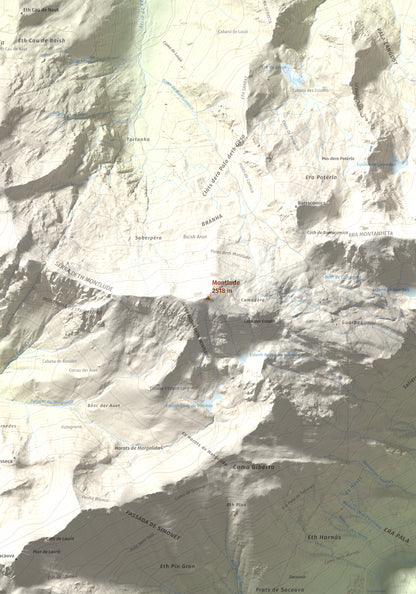 Mapa de relieve de Montlude, 2518 m, Val d'Aran, lámina 100 Cims de Trobart. Detalle de la zona central. 70 × 100 cm.