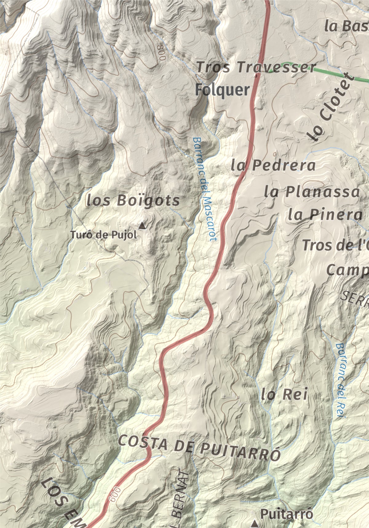 Mapa de relieve de Montmagastre, 762 m, Noguera, lámina 100 Cims de Trobart. Detalle de la zona superior izquierda. 21 × 30 cm.