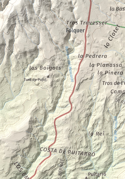 Mapa de relieve de Montmagastre, 762 m, Noguera, lámina 100 Cims de Trobart. Detalle de la zona superior izquierda. 21 × 30 cm.