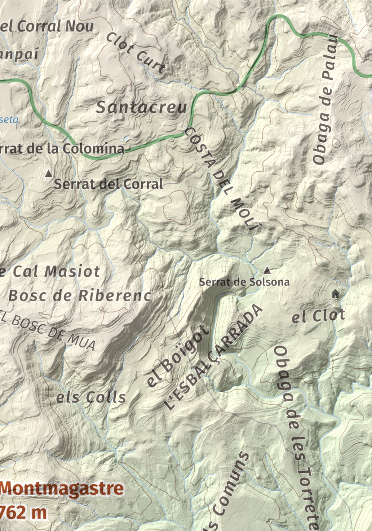 Mapa de relieve de Montmagastre, 762 m, Noguera, lámina 100 Cims de Trobart. Detalle de la zona superior derecha. 21 × 30 cm.