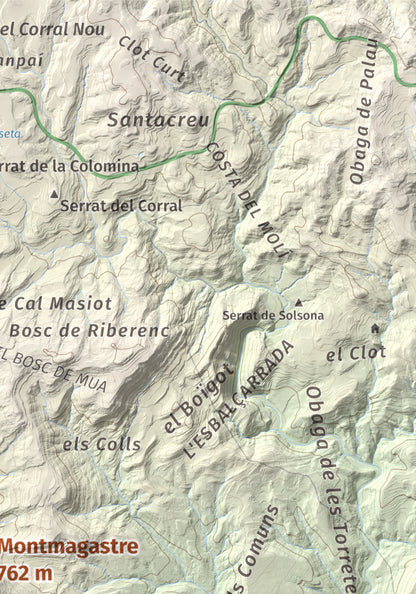 Mapa de relieve de Montmagastre, 762 m, Noguera, lámina 100 Cims de Trobart. Detalle de la zona superior derecha. 21 × 30 cm.