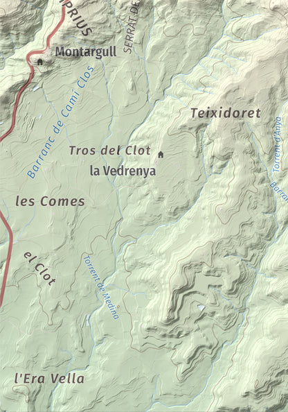 Mapa de relieve de Montmagastre, 762 m, Noguera, lámina 100 Cims de Trobart. Detalle de la zona inferior izquierda. 21 × 30 cm.