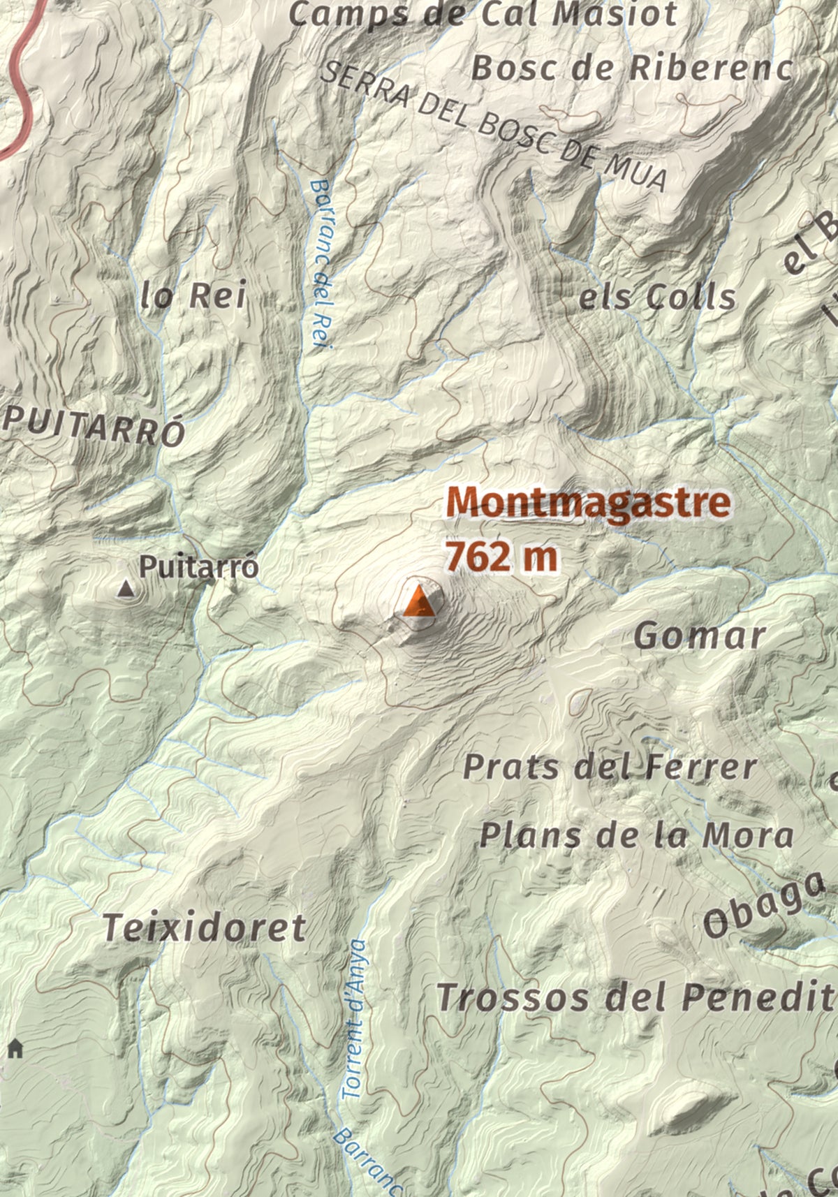 Mapa de relieve de Montmagastre, 762 m, Noguera, lámina 100 Cims de Trobart. Detalle de la zona central. 21 × 30 cm.
