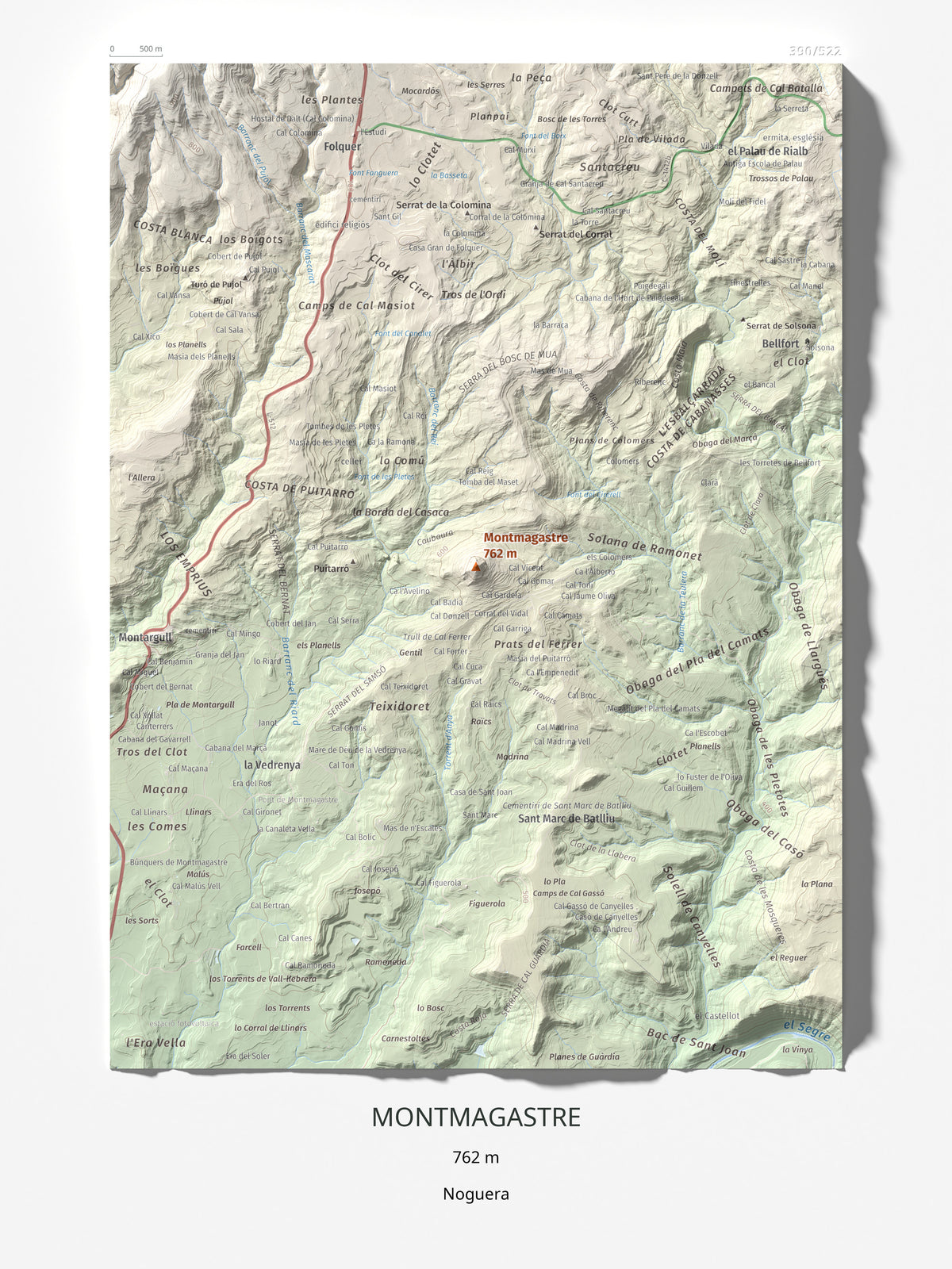 Mapa de relieve de Montmagastre, 762 m, Noguera, lámina 100 Cims de Trobart 30 × 40 cm.