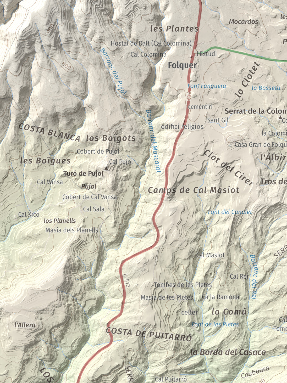 Mapa de relieve de Montmagastre, 762 m, Noguera, lámina 100 Cims de Trobart. Detalle de la zona superior izquierda. 30 × 40 cm.