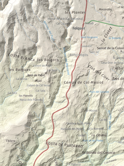 Mapa de relieve de Montmagastre, 762 m, Noguera, lámina 100 Cims de Trobart. Detalle de la zona superior izquierda. 30 × 40 cm.