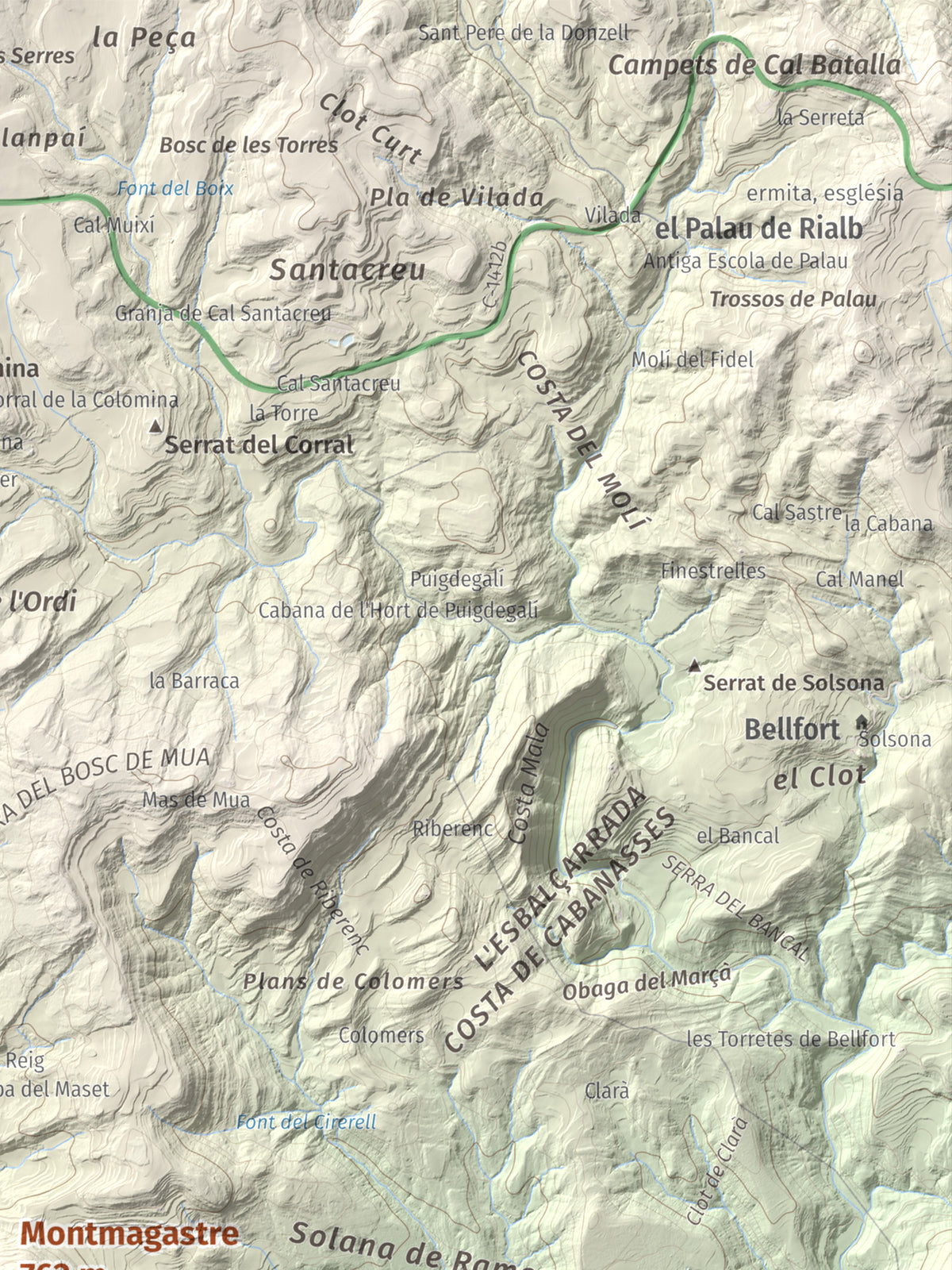 Mapa de relieve de Montmagastre, 762 m, Noguera, lámina 100 Cims de Trobart. Detalle de la zona superior derecha. 30 × 40 cm.