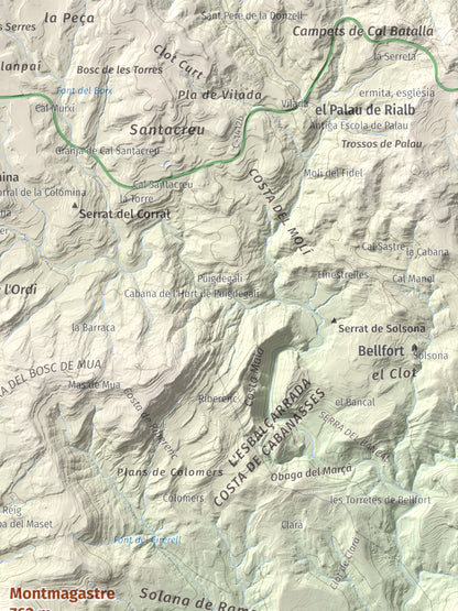 Mapa de relieve de Montmagastre, 762 m, Noguera, lámina 100 Cims de Trobart. Detalle de la zona superior derecha. 30 × 40 cm.