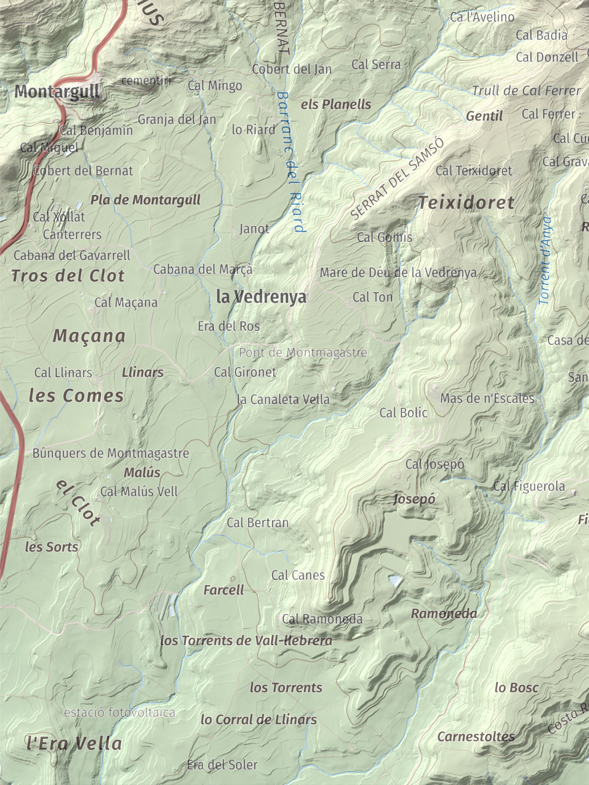 Mapa de relieve de Montmagastre, 762 m, Noguera, lámina 100 Cims de Trobart. Detalle de la zona inferior izquierda. 30 × 40 cm.