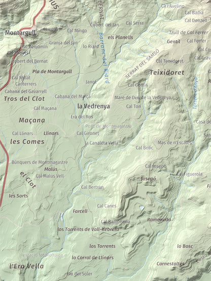 Mapa de relieve de Montmagastre, 762 m, Noguera, lámina 100 Cims de Trobart. Detalle de la zona inferior izquierda. 30 × 40 cm.