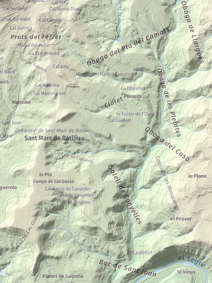Mapa de relieve de Montmagastre, 762 m, Noguera, lámina 100 Cims de Trobart. Detalle de la zona inferior derecha. 30 × 40 cm.