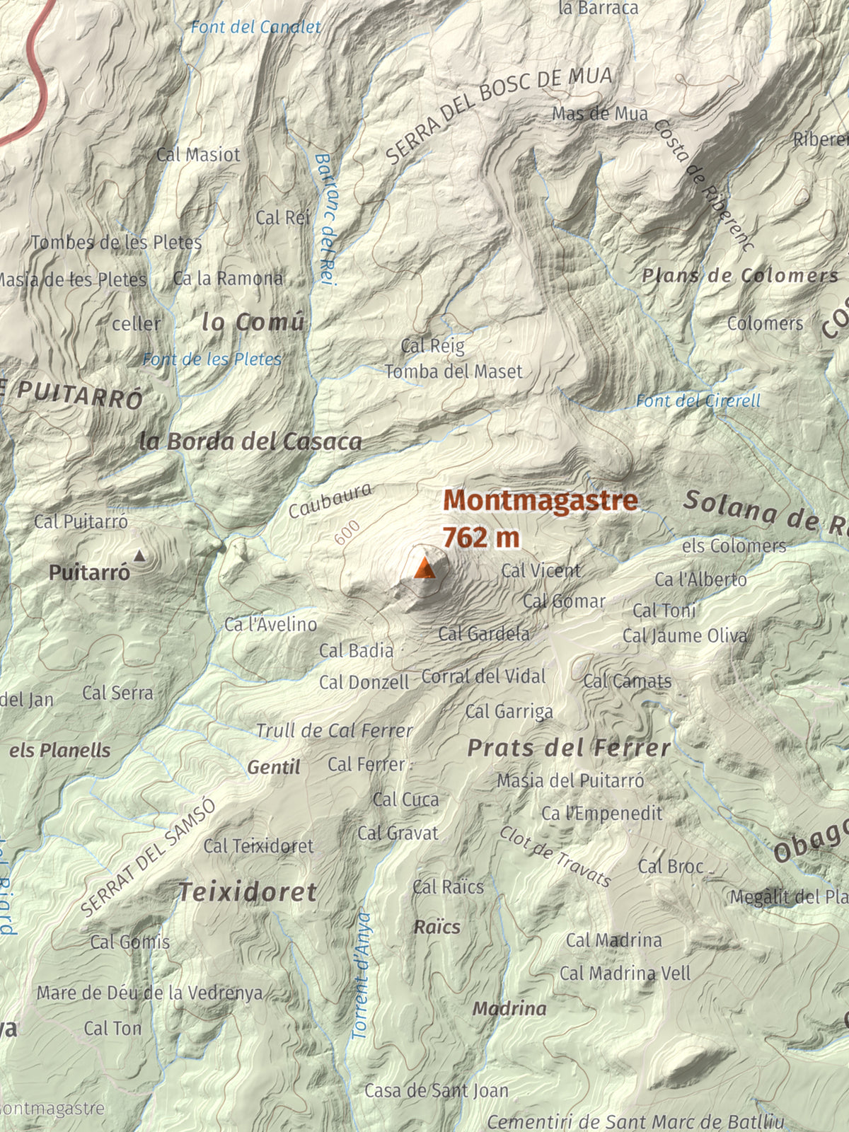 Mapa de relieve de Montmagastre, 762 m, Noguera, lámina 100 Cims de Trobart. Detalle de la zona central. 30 × 40 cm.