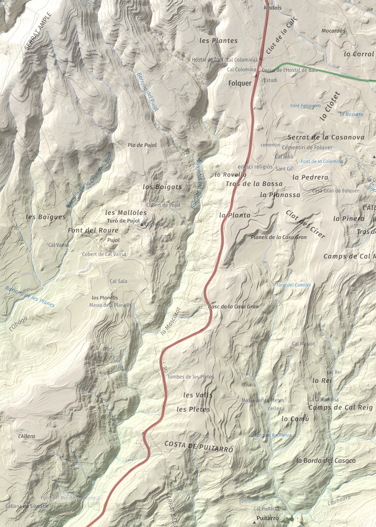 Mapa de relieve de Montmagastre, 762 m, Noguera, lámina 100 Cims de Trobart. Detalle de la zona superior izquierda. 50 × 70 cm.