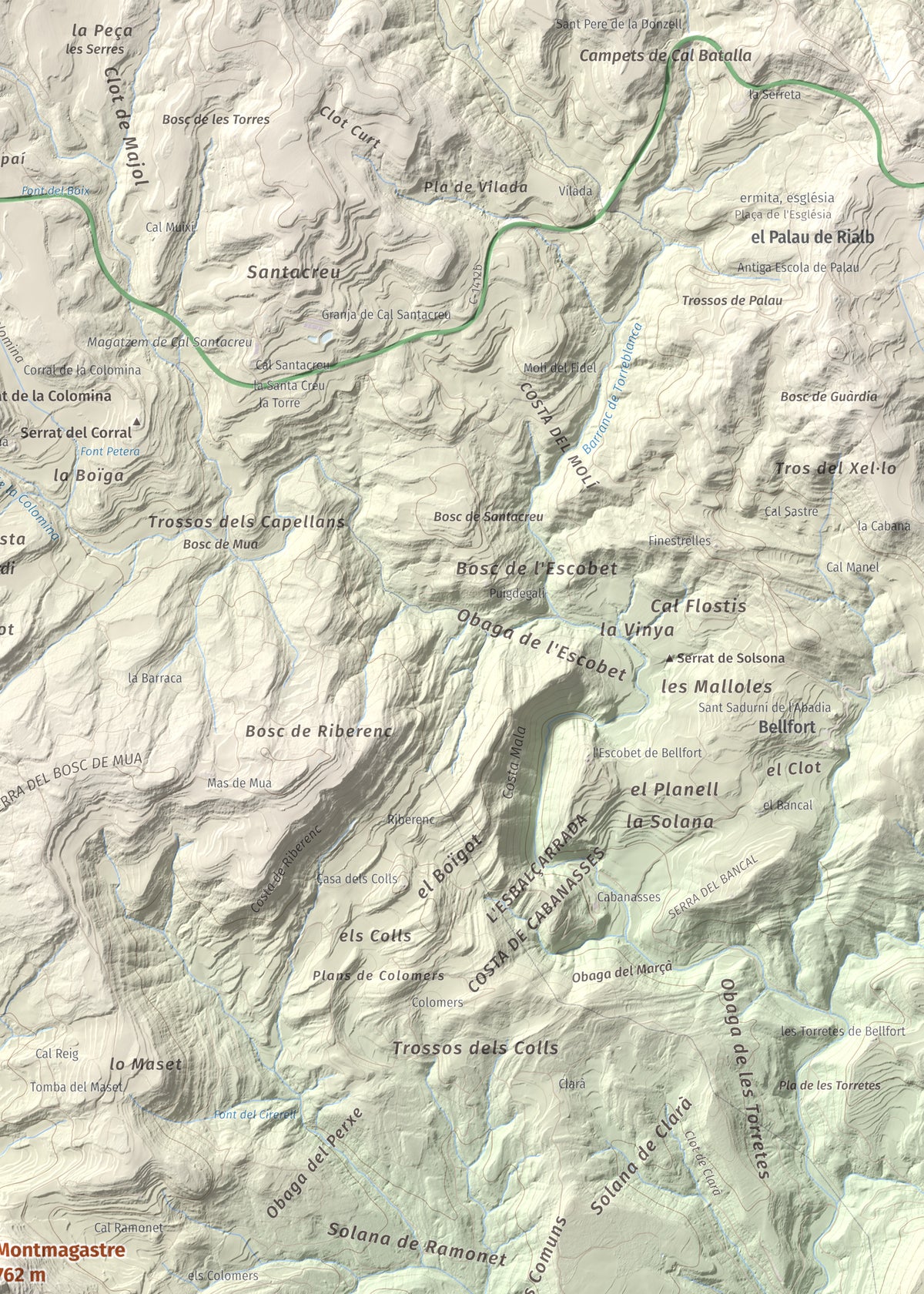Mapa de relieve de Montmagastre, 762 m, Noguera, lámina 100 Cims de Trobart. Detalle de la zona superior derecha. 50 × 70 cm.