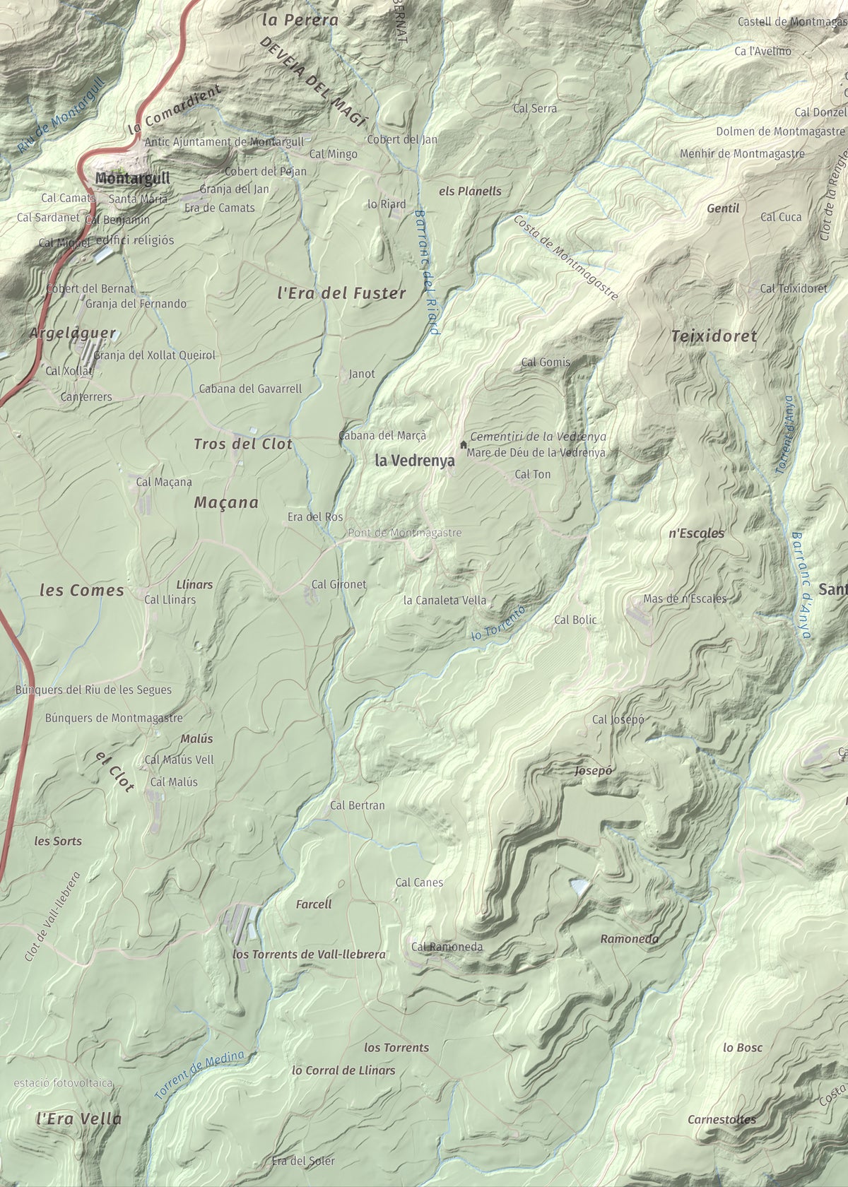 Mapa de relieve de Montmagastre, 762 m, Noguera, lámina 100 Cims de Trobart. Detalle de la zona inferior izquierda. 50 × 70 cm.