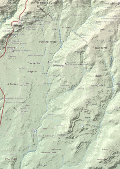 Mapa de relieve de Montmagastre, 762 m, Noguera, lámina 100 Cims de Trobart. Detalle de la zona inferior izquierda. 50 × 70 cm.