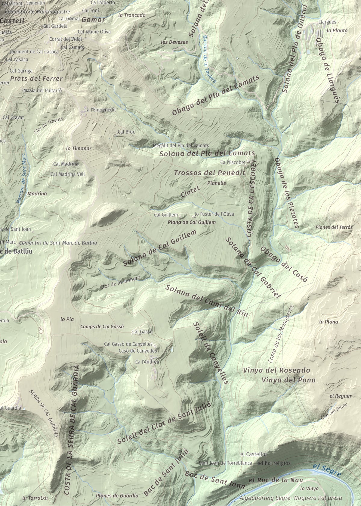 Mapa de relieve de Montmagastre, 762 m, Noguera, lámina 100 Cims de Trobart. Detalle de la zona inferior derecha. 50 × 70 cm.