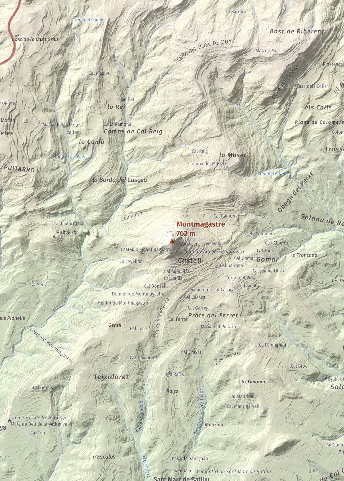 Mapa de relieve de Montmagastre, 762 m, Noguera, lámina 100 Cims de Trobart. Detalle de la zona central. 50 × 70 cm.