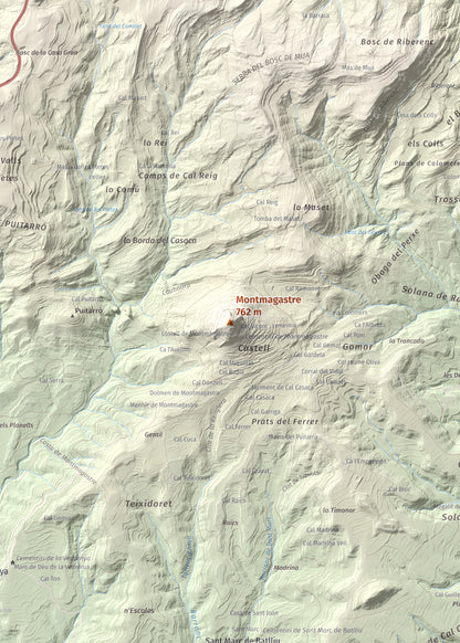 Mapa de relieve de Montmagastre, 762 m, Noguera, lámina 100 Cims de Trobart. Detalle de la zona central. 50 × 70 cm.