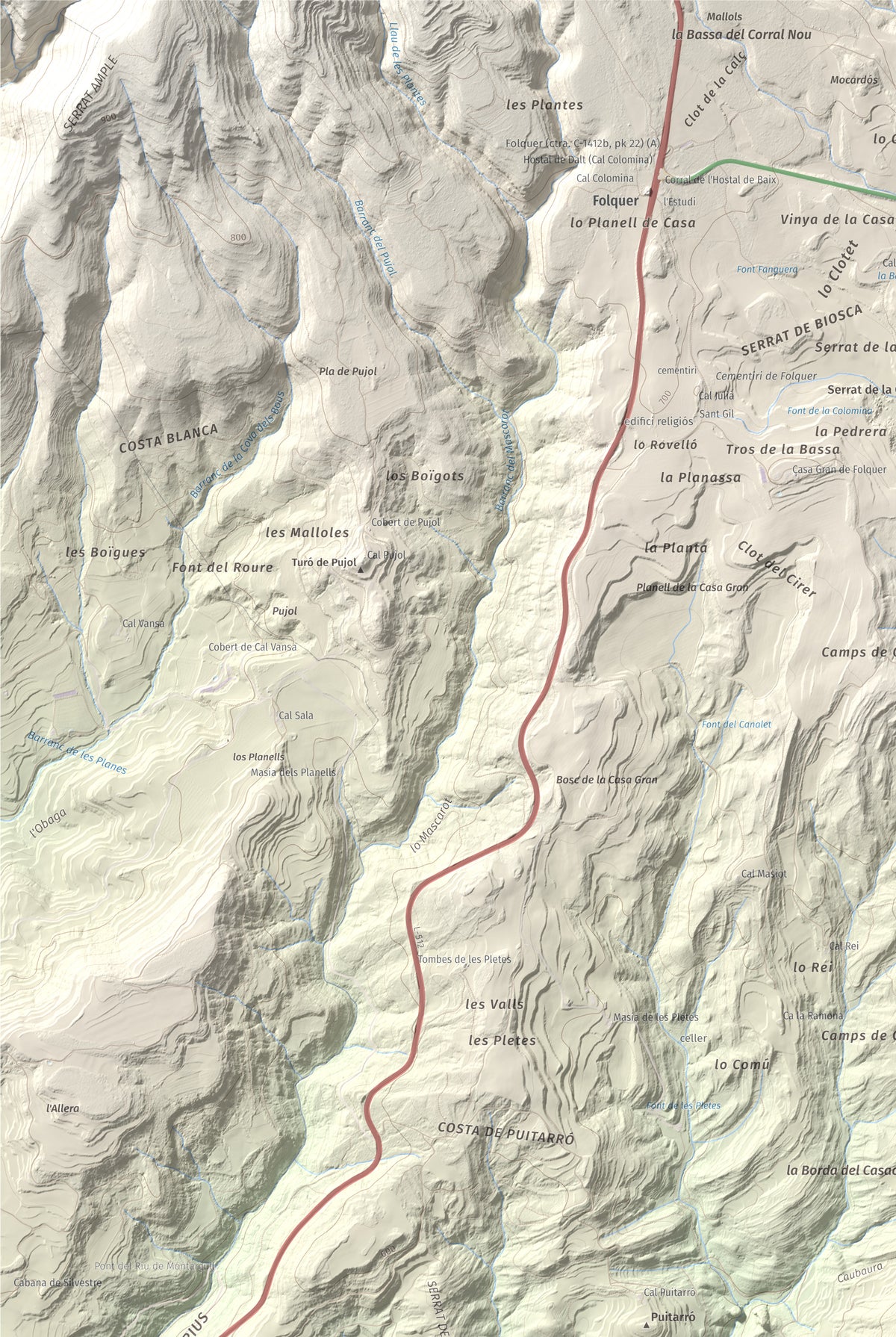 Mapa de relieve de Montmagastre, 762 m, Noguera, lámina 100 Cims de Trobart. Detalle de la zona superior izquierda. 61 × 91 cm.