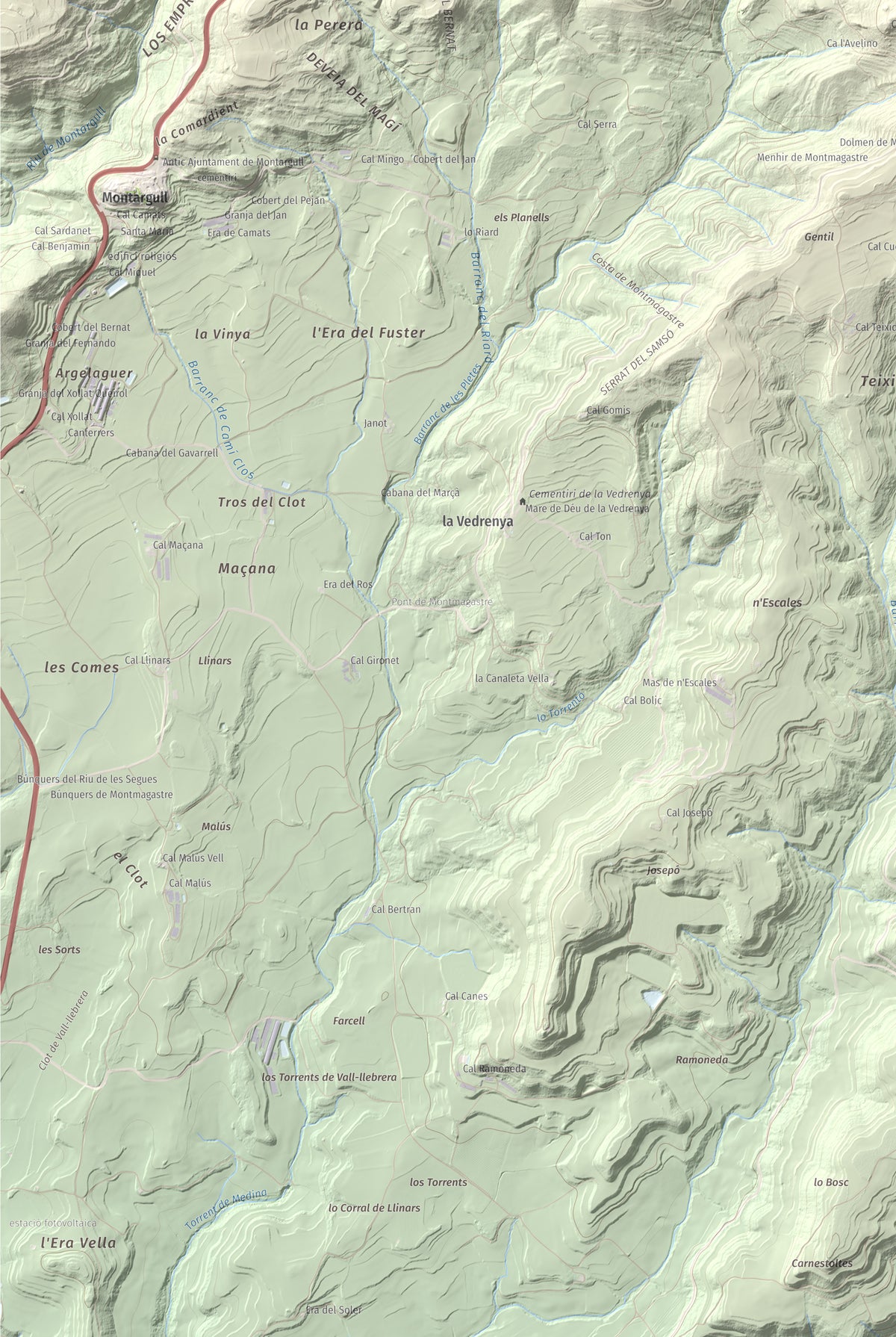 Mapa de relieve de Montmagastre, 762 m, Noguera, lámina 100 Cims de Trobart. Detalle de la zona inferior izquierda. 61 × 91 cm.