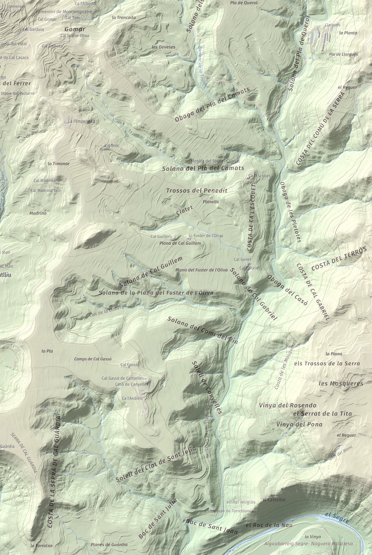 Mapa de relieve de Montmagastre, 762 m, Noguera, lámina 100 Cims de Trobart. Detalle de la zona inferior derecha. 61 × 91 cm.
