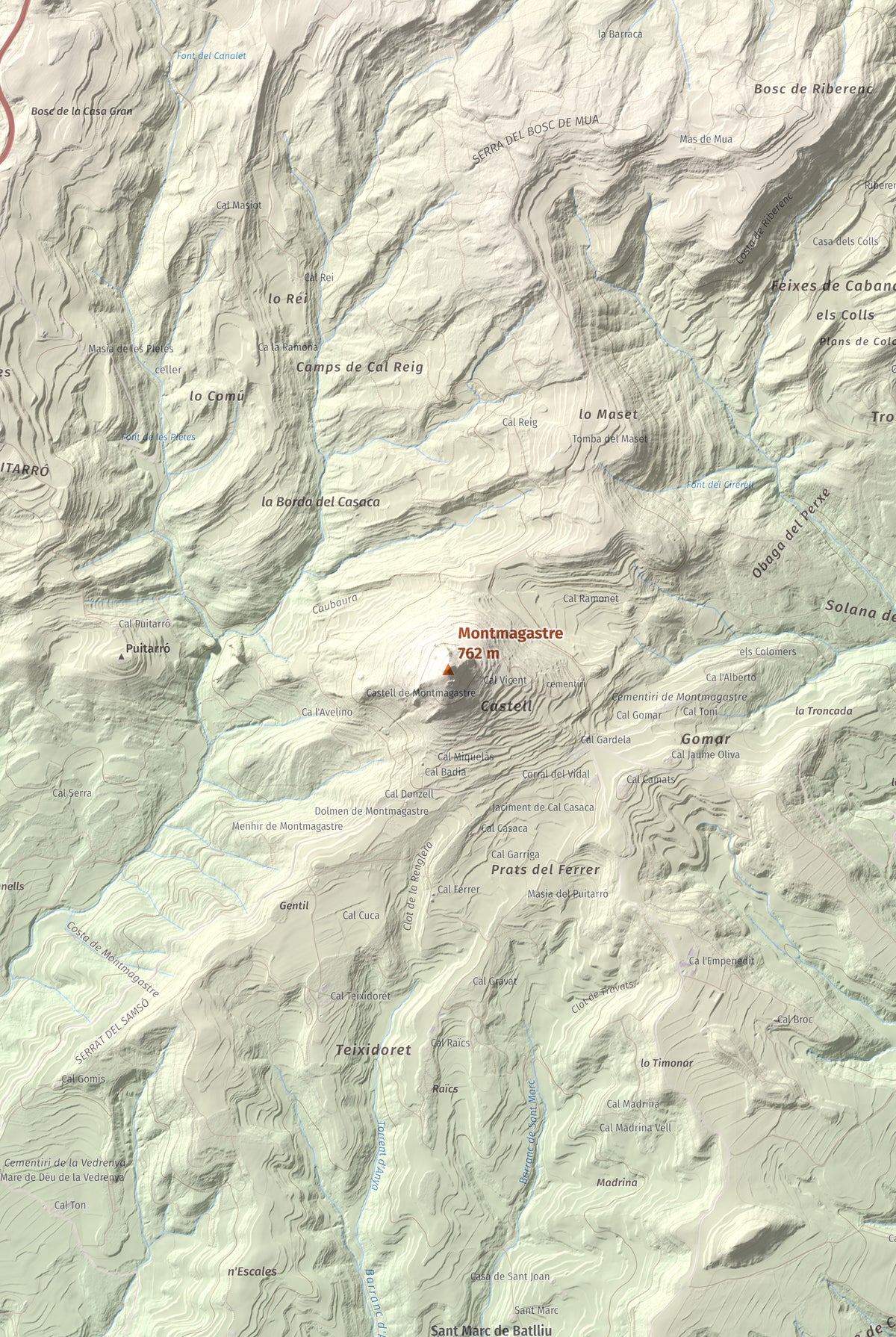 Mapa de relieve de Montmagastre, 762 m, Noguera, lámina 100 Cims de Trobart. Detalle de la zona central. 61 × 91 cm.