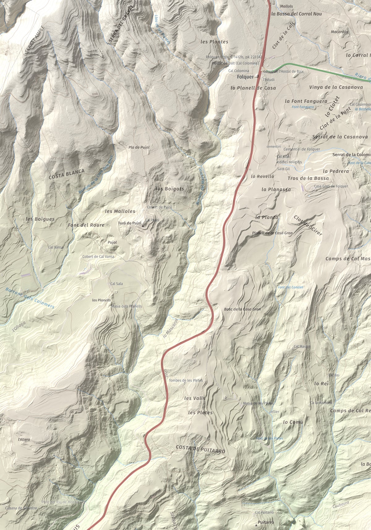 Mapa de relieve de Montmagastre, 762 m, Noguera, lámina 100 Cims de Trobart. Detalle de la zona superior izquierda. 70 × 100 cm.