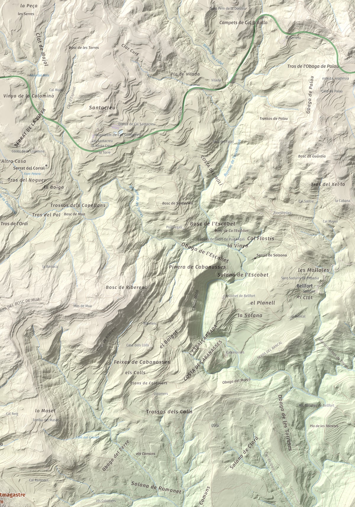 Mapa de relieve de Montmagastre, 762 m, Noguera, lámina 100 Cims de Trobart. Detalle de la zona superior derecha. 70 × 100 cm.