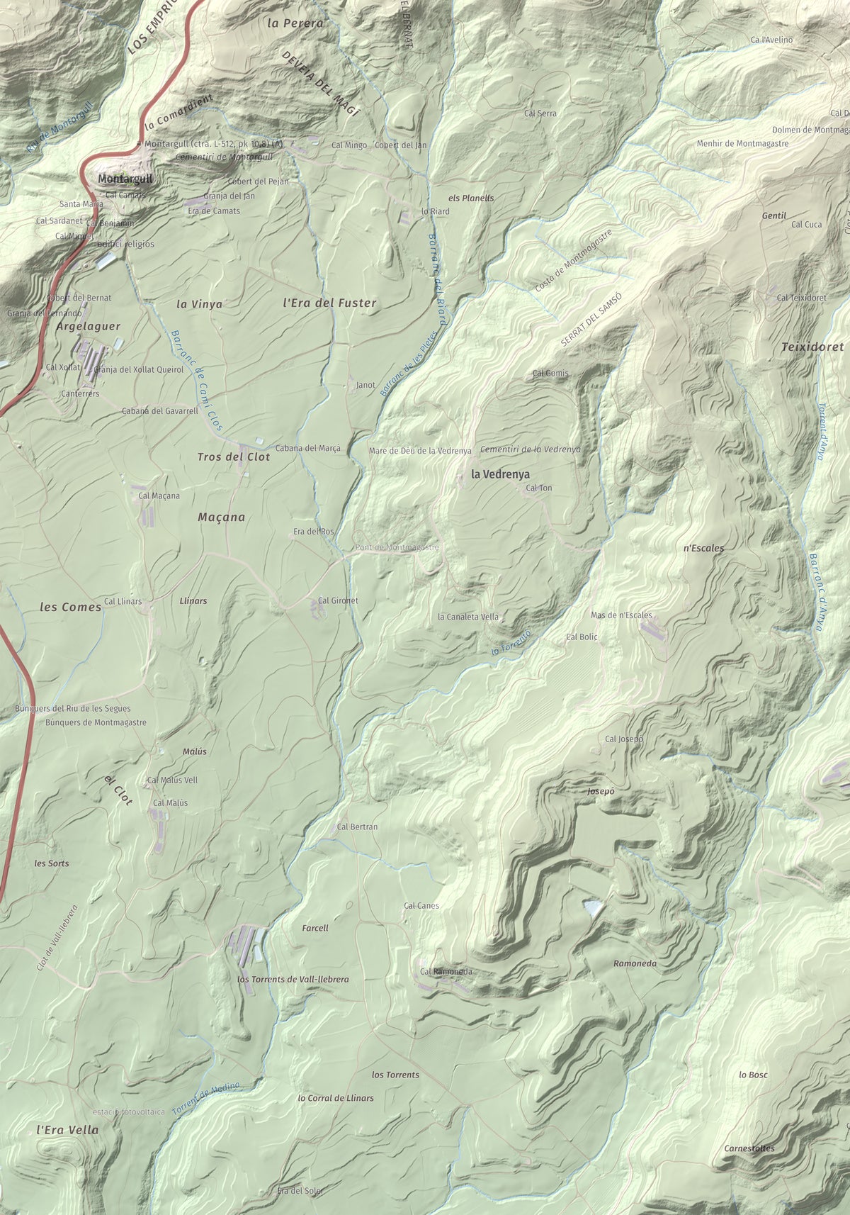 Mapa de relieve de Montmagastre, 762 m, Noguera, lámina 100 Cims de Trobart. Detalle de la zona inferior izquierda. 70 × 100 cm.