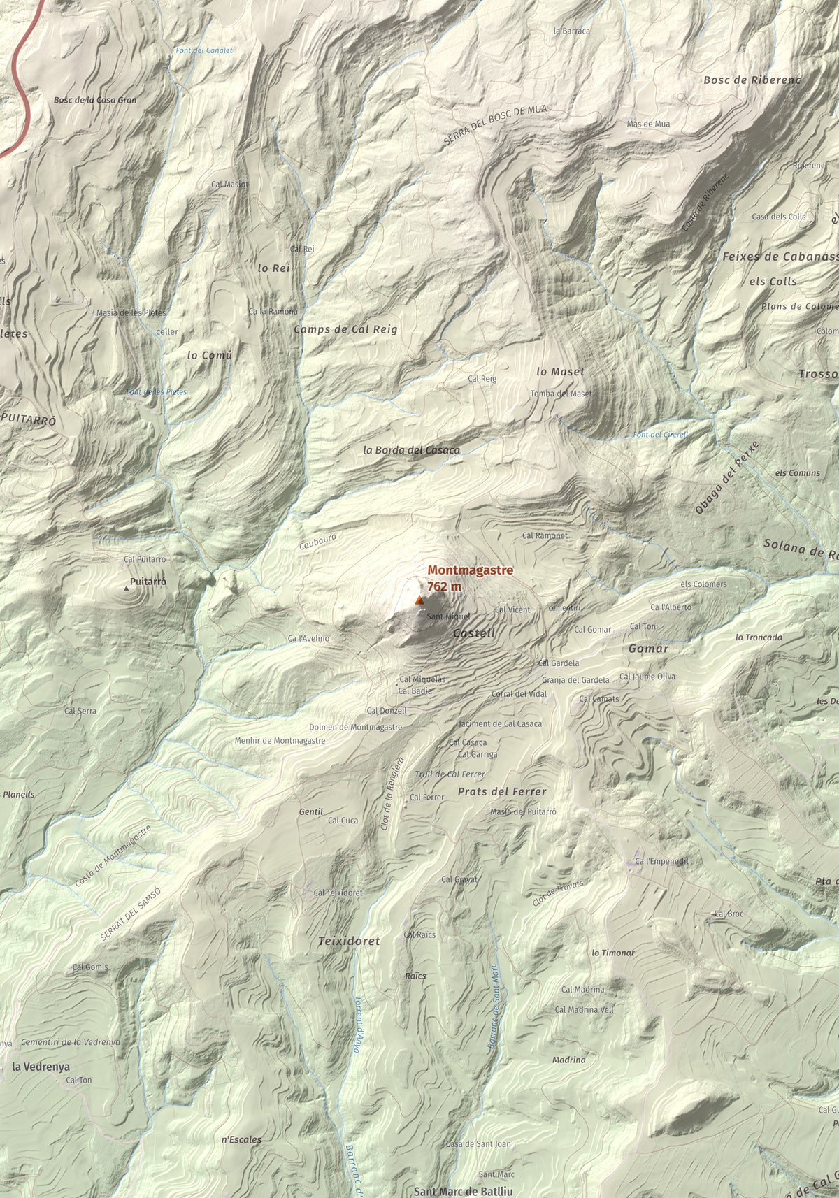Mapa de relieve de Montmagastre, 762 m, Noguera, lámina 100 Cims de Trobart. Detalle de la zona central. 70 × 100 cm.