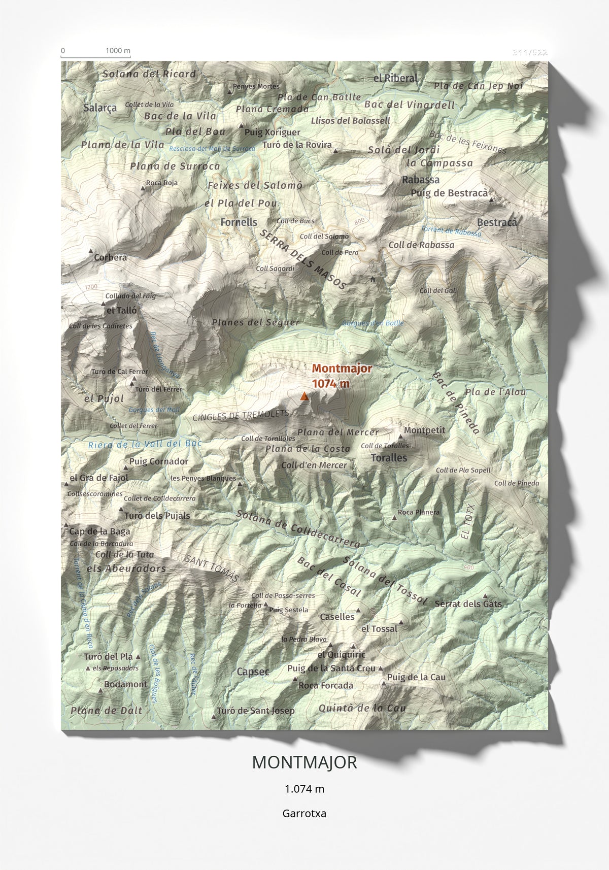 Mapa de relieve de Montmajor, 1074 m, Garrotxa, lámina 100 Cims de Trobart 21 × 30 cm.