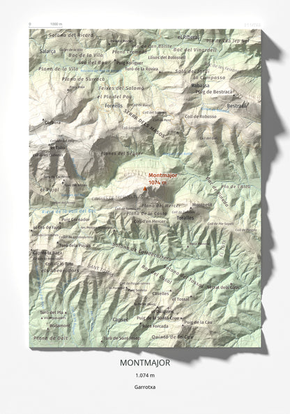 Mapa de relieve de Montmajor, 1074 m, Garrotxa, lámina 100 Cims de Trobart 21 × 30 cm.