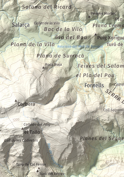 Mapa de relieve de Montmajor, 1074 m, Garrotxa, lámina 100 Cims de Trobart. Detalle de la zona superior izquierda. 21 × 30 cm.