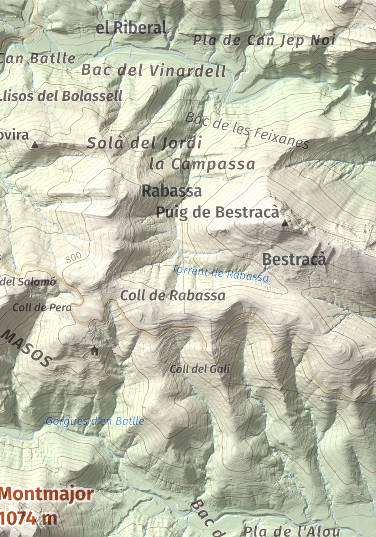 Mapa de relieve de Montmajor, 1074 m, Garrotxa, lámina 100 Cims de Trobart. Detalle de la zona superior derecha. 21 × 30 cm.