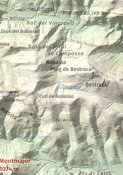 Mapa de relieve de Montmajor, 1074 m, Garrotxa, lámina 100 Cims de Trobart. Detalle de la zona superior derecha. 21 × 30 cm.