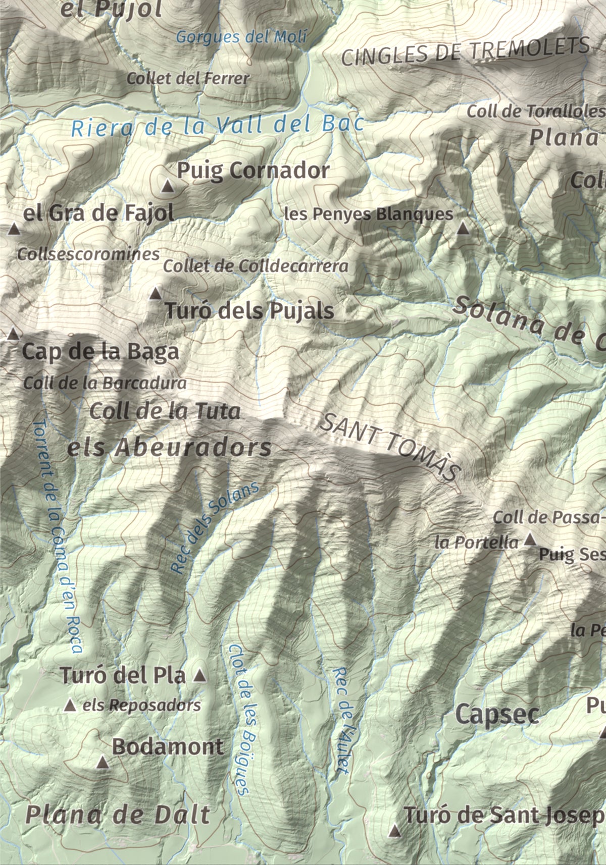 Mapa de relieve de Montmajor, 1074 m, Garrotxa, lámina 100 Cims de Trobart. Detalle de la zona inferior izquierda. 21 × 30 cm.