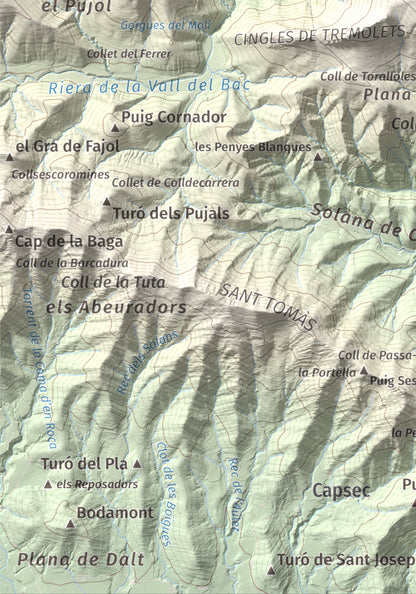 Mapa de relieve de Montmajor, 1074 m, Garrotxa, lámina 100 Cims de Trobart. Detalle de la zona inferior izquierda. 21 × 30 cm.