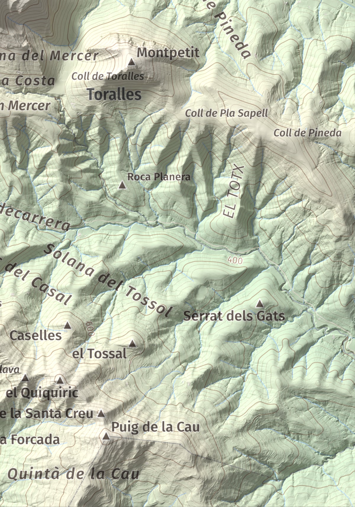 Mapa de relieve de Montmajor, 1074 m, Garrotxa, lámina 100 Cims de Trobart. Detalle de la zona inferior derecha. 21 × 30 cm.