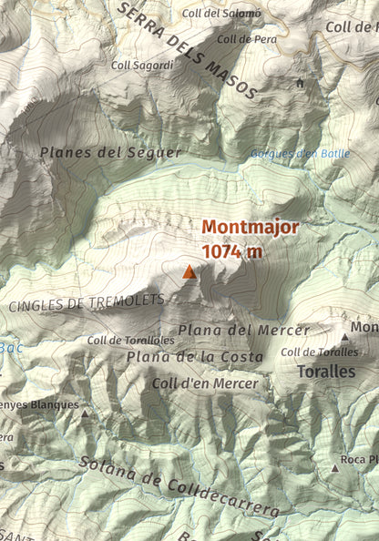 Mapa de relieve de Montmajor, 1074 m, Garrotxa, lámina 100 Cims de Trobart. Detalle de la zona central. 21 × 30 cm.