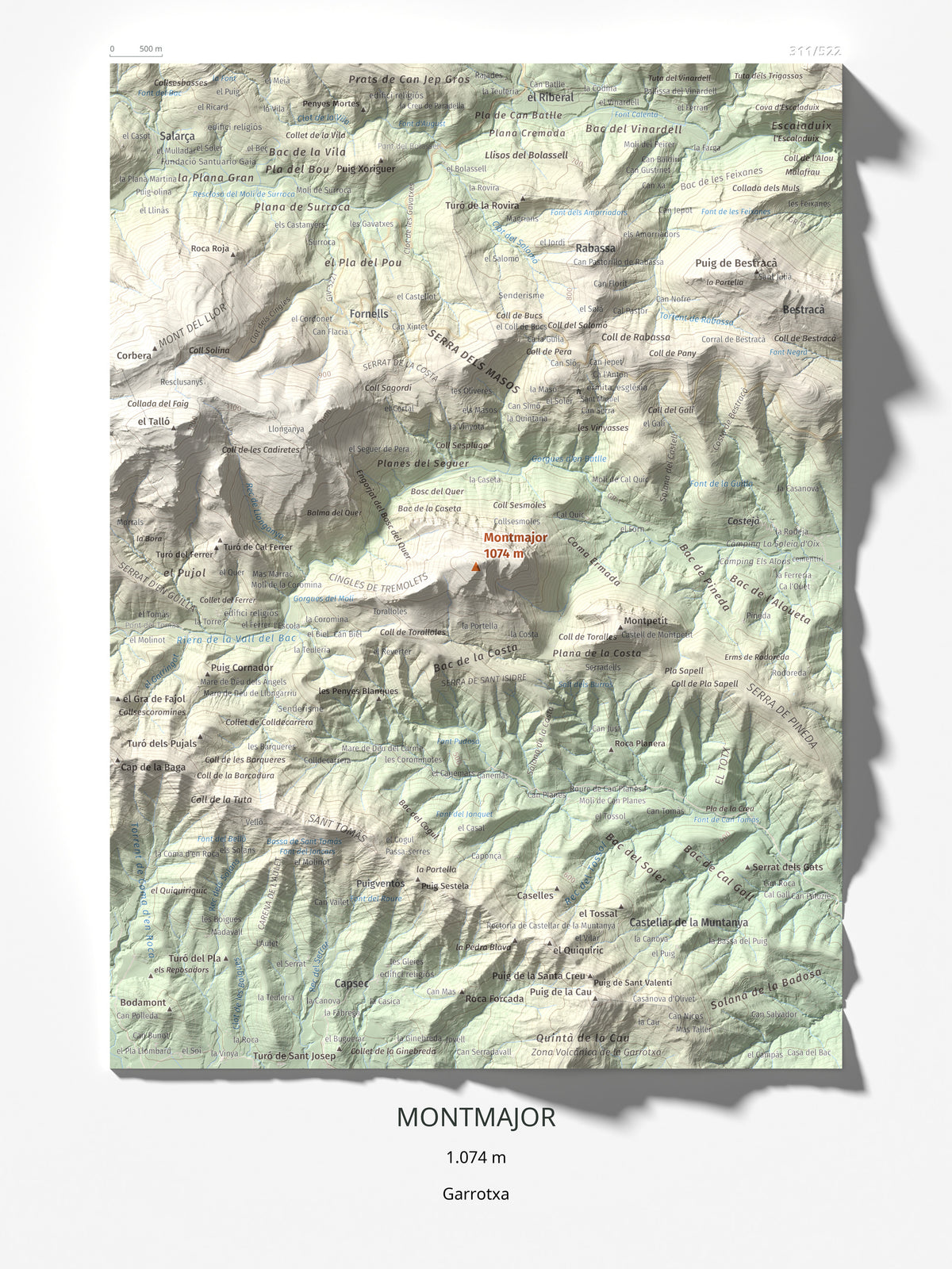 Mapa de relieve de Montmajor, 1074 m, Garrotxa, lámina 100 Cims de Trobart 30 × 40 cm.