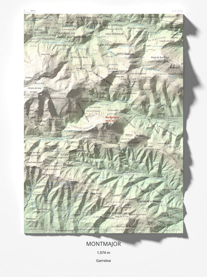 Mapa de relieve de Montmajor, 1074 m, Garrotxa, lámina 100 Cims de Trobart 30 × 40 cm.